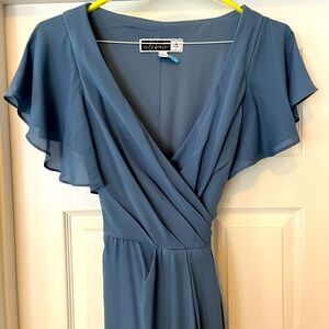 David’s Bridal Flutter Sleeve Georgette Wrap Dress Steel Blue